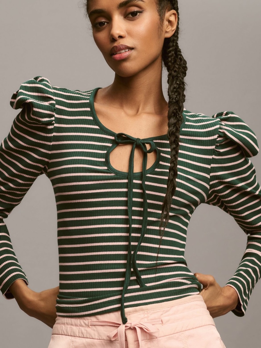 Anthropologie Porridge Green Pink Striped Puff Sleeve Preppy Stretch Top Size M